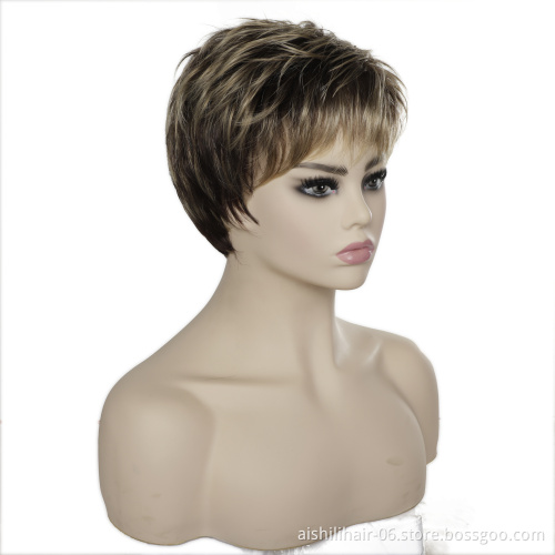 Wholesale heat resistant stort straight ombre dark brown to golden wig synthetic hair wigs for women
